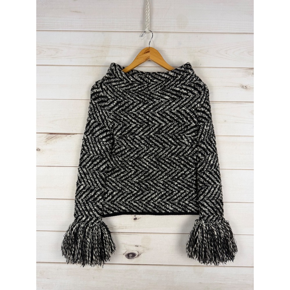 Tomaso Stefanelli Merino Wool Chevron Fringe Bell Sleeve Sweater Black White 42